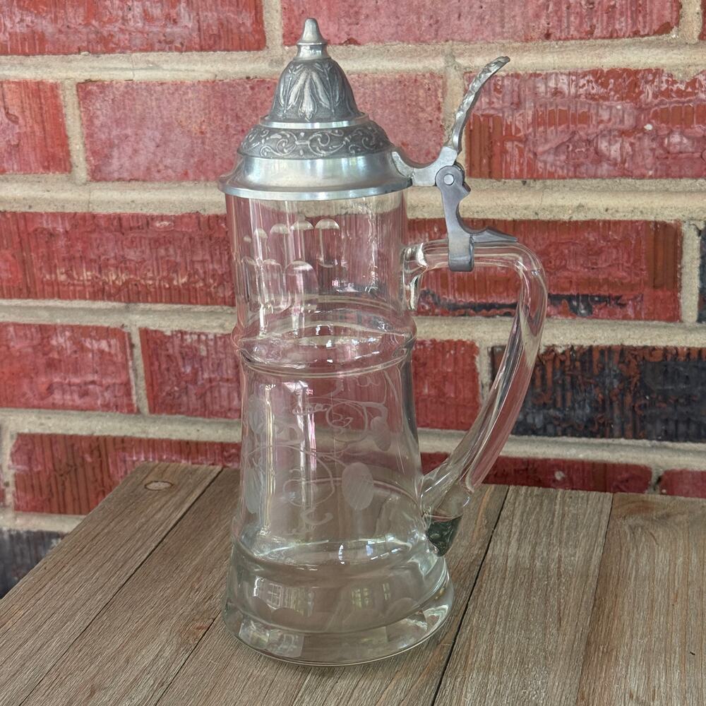 Vintage German Style Glass Beer Stein Pewter Lid Etched Wheat Hops 10"